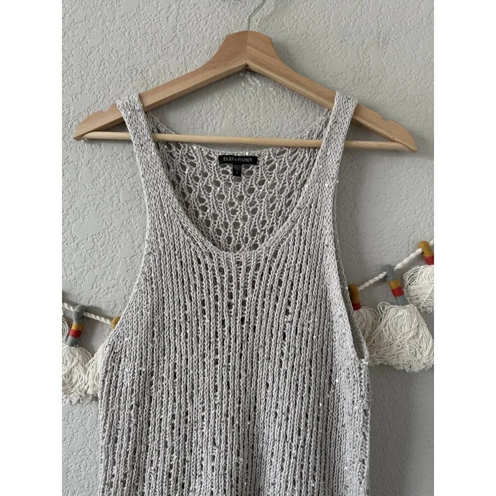 Eileen Fisher Sequin Open Knit Sleeveless Cami Tank Top Coastal Boho Beachy L - Picture 2 of 8